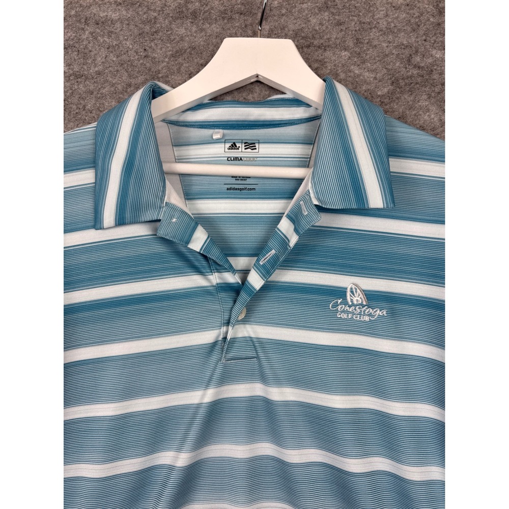 Adidas ClimaCool Mens Medium Blue Striped Golf Polo Conestoga Golf Club Shirt - Picture 2 of 13